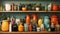 Indoors, a collection of ceramics adorn the shelf pottery, vase, jar, jug, crockery, bottle, and amphora all ornate and