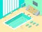 Indoors Swimming Pool Interior with People Isometric View. Vector