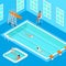 Indoors Swimming Pool with Swimmers, Lifesaver and Jacuzzi. Isometric People.