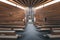 Indoors view of a wooden church with an old lady praying on the chair in Alpe di Siusi