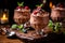 Indulge in decadence with delicious chocolate mousse served in vintage jars on a dark slate.