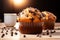 Indulge in the goodness of a warm, freshly baked chocolate chip muffin