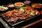 Indulge in a mouthwatering grilled BBQ feast with a delectable assortment of meat, vegetables, and savory sauces sizzling on the