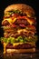 Indulge in the Ultimate Triple Hamburger: A Closeup Look at the Towering, High-Rated, and Cheesy Delight