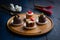 Indulgent bite sized desserts, featuring exquisite chocolate and cake trio