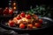 Indulgent chicken parmesan with roasted cherry tomatoes on sleek plate, fresh vegetables dark background, generative AI