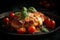 Indulgent chicken parmesan with roasted cherry tomatoes on sleek plate, fresh vegetables dark background, generative AI