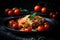 Indulgent chicken parmesan with roasted cherry tomatoes on sleek plate, fresh vegetables dark background, generative AI