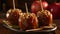 Indulgent dessert gourmet caramel dipped fruit on a chocolate skewer generated by AI