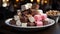 Indulgent gourmet dessert, dark chocolate fudge stack generated by AI