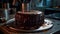 Indulgent homemade chocolate cake, baked to perfection with dark icing generated by AI