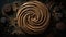 Indulgent homemade chocolate cookies with a spiral pattern on wood generated by AI