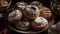 Indulgent homemade donuts stacked on rustic wood table, tempting sweetness generated by AI