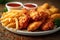 Indulgent meal fried chicken with fries and nuggets on table