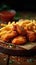 Indulgent meal fried chicken with fries and nuggets on table