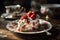 Indulgent strawberry cake with dollop of creamy whipped cream on vintage floral plate, food photography, food art, generative AI