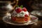 Indulgent strawberry cake with dollop of creamy whipped cream on vintage floral plate, food photography, food art, generative AI