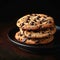 Indulgent treat Scrumptious chocolate chip cookies against dark backdrop