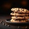 Indulgent treat Scrumptious chocolate chip cookies against dark backdrop