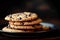 Indulgent treat Scrumptious chocolate chip cookies against dark backdrop