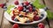 Indulging in the Sweet Symphony of Waffles Topped with Fresh, Juicy Berries. Generative AI