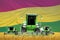 Industrial 3D illustration of 4 light green combine harvesters on rye field with flag background, Bolivia agriculture concept
