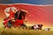 Industrial 3D illustration of agricultural combine harvester working on grain field with North Korea flag background, food