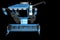 Industrial 3D illustration of big beautiful blue farm agricultural combine harvester with harvest pipe detached front top view