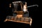 Industrial 3D illustration of big beautiful orange grain harvester with grain pipe detached front view isolated on black
