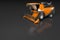 Industrial 3D illustration of big modern orange wheat harvester side top view with reflection on dark grey, mockup with place for