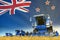 industrial 3D illustration of blue grain agricultural combine harvester on field with New Zealand flag background, food industry