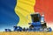 Industrial 3D illustration of blue rural agricultural combine harvester on field with Romania flag background, food industry