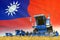 Industrial 3D illustration of blue wheat agricultural combine harvester on field with Taiwan Province of China flag background,