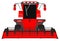 Industrial 3D illustration of cartoon colored 3D model of big red wheat agricultural harvester on white, clip art for food