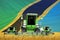 Industrial 3D illustration of four light green combine harvesters on farm field with flag background, Tanzania agriculture concept