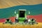 Industrial 3D illustration of four light green combine harvesters on rye field with flag background, Lithuania agriculture concept