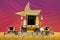 industrial 3D illustration of four orange combine harvesters on wheat field with flag background, Vietnam agriculture concept