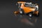 Industrial 3D illustration of huge modern orange grain combine harvester back top view with reflection on dark grey, mockup with