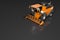 Industrial 3D illustration of huge modern orange rye agricultural harvester front top view with reflection on dark grey, mockup