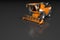 Industrial 3D illustration of large beautiful orange rural combine harvester front top view with reflection on dark grey, mockup