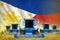 Industrial 3D illustration of a lot of blue farming combine harvesters on rural field with Philippines flag background - front