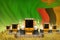Industrial 3D illustration of some yellow farming combine harvesters on rye field with Zambia flag background - front view, stop