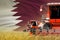 Industrial 3D illustration of three red modern combine harvesters with Qatar flag on farm field - close view, farming concept