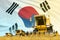 Industrial 3D illustration of yellow grain agricultural combine harvester on field with Republic of Korea South Korea flag
