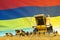 Industrial 3D illustration of yellow rural agricultural combine harvester on field with Mauritius flag background, food industry
