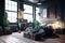 Industrial bedroom with plants. Real estate. Real estate agent. Interior decorator. Home staging. Beautiful large windows. Dayligh