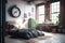 Industrial bedroom with plants. Real estate. Real estate agent. Interior decorator. Home staging. Beautiful large windows. Dayligh