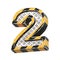 Industrial black and yellow striped metallic font, 3d rendering, number 2