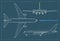 Industrial blueprint of airplane. Vector outline drawing plane on a blue background. Top, side and front view.