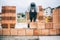 industrial bricklayer installing bricks on construction building site